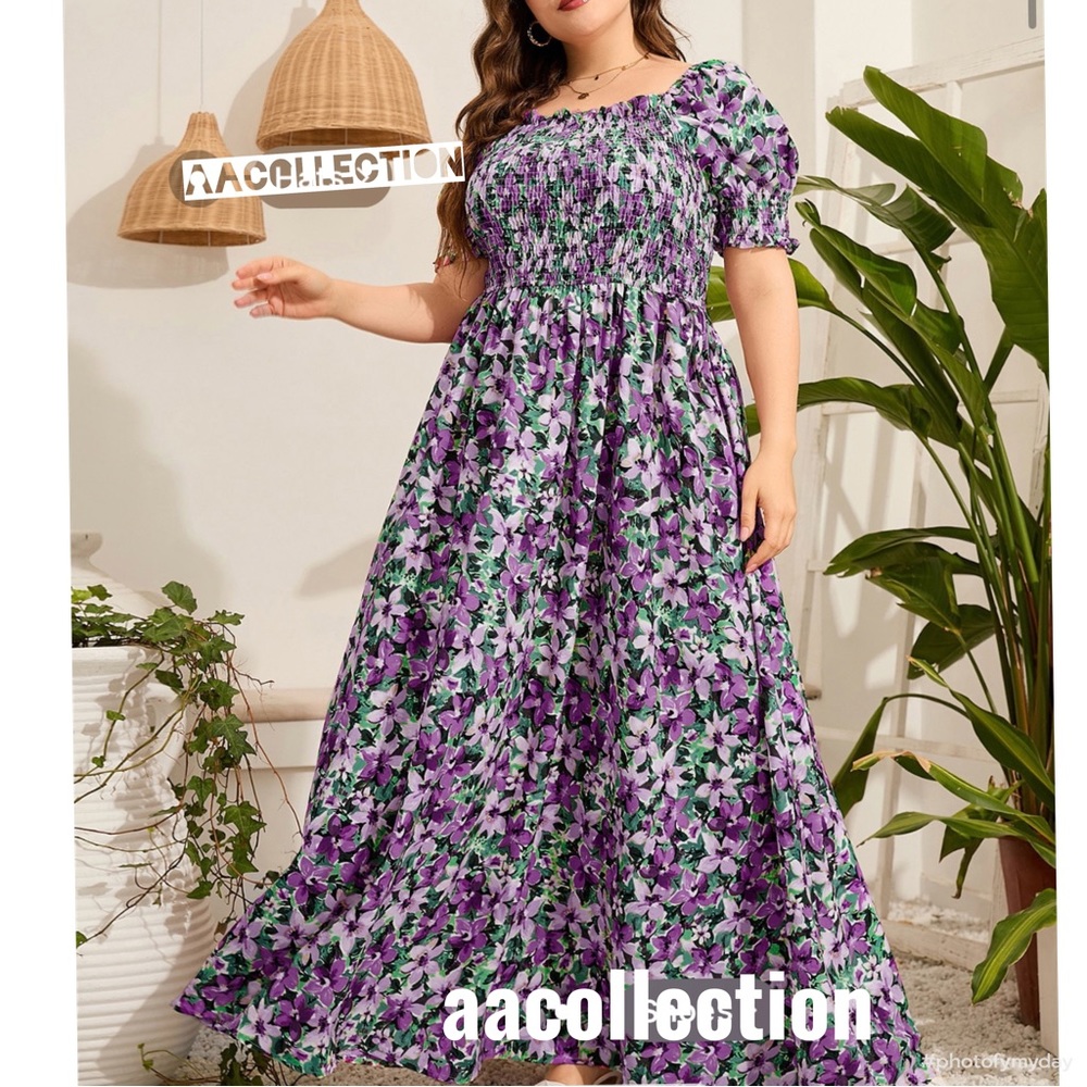 Bohemian Boho Plus Size Floral Print Smocked Maxi Dress - Picture 1 of 9